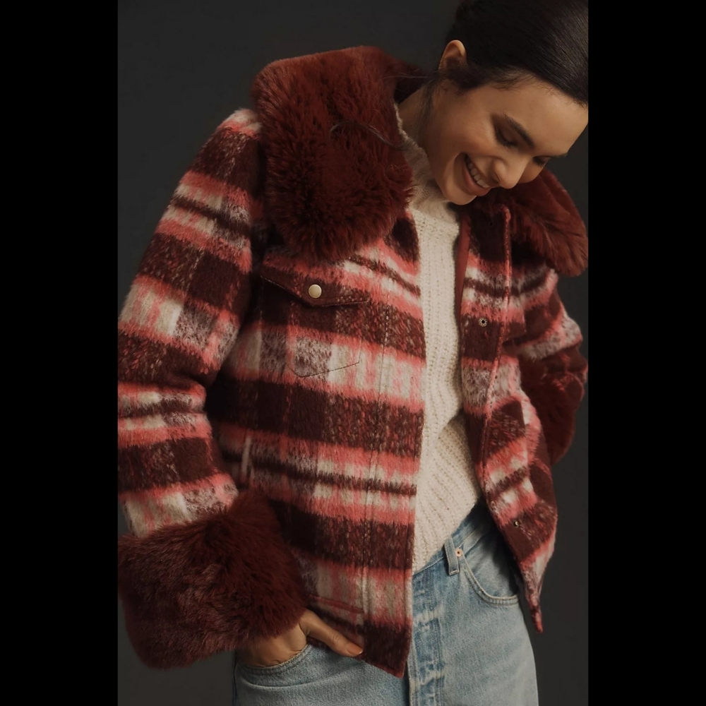 Hutch Anthropologie Faux Fur-Trimmed Jacket Maroon‎ And Pink Women's Size Large